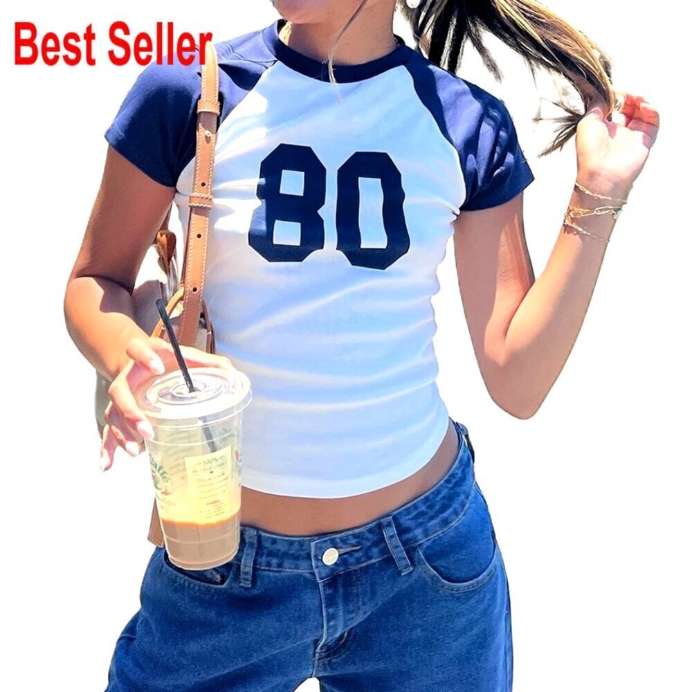 Y2K Number Graphic Crop Top Slim Fit Jersey Tee Teen Girls Summer Casual